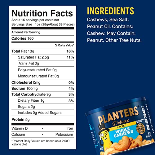 PLANTERS Deluxe Lightly Salted Whole Cashews, Party Snacks, Plant-Based Protein, Quick Snack for Adults, After School Snack, Roasted Cashew, Flavored with Sea Salt, Kosher, 1lb 2.25oz Canister