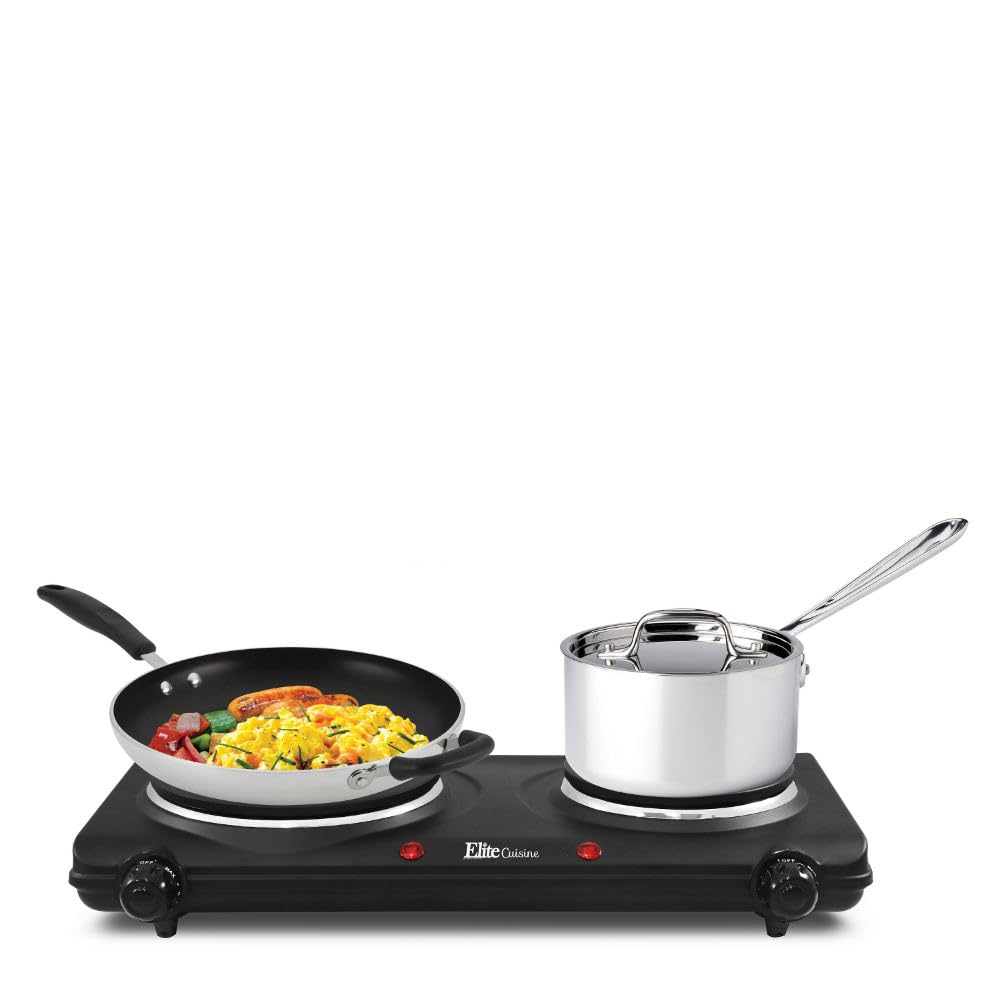 Elite Gourmet EDB-302BF# Countertop Double Cast Iron Burner, 1500 Watts Electric Hot Plate, Temperature Controls, Power Indicator Lights, Easy to Clean, Black