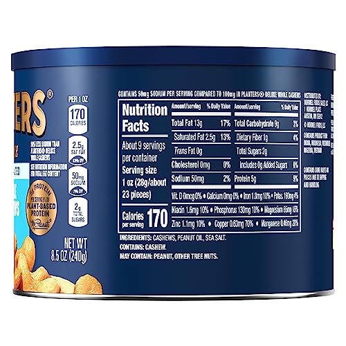 PLANTERS Deluxe Lightly Salted Whole Cashews, Party Snacks, Plant-Based Protein, Quick Snack for Adults, After School Snack, Roasted Cashew, Flavored with Sea Salt, Kosher, 1lb 2.25oz Canister