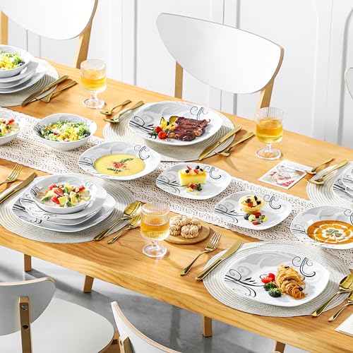 VEWEET, Series Annie, Porcelain Dinnerware Sets for 6, White Dish Set with Pink Floral, 30 PCS Dinner Sets Including Dinner Plates, Dessert Plates, Soup Plates Set, Cups & Saucers