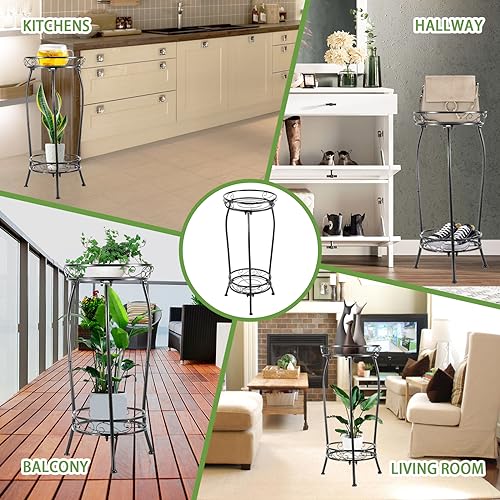 Plant Stand Indoor Outdoor 2 Tier 27" Tall Metal Potted Holder Rack Flower Pot Stand Heavy Duty Plant Shelf Rustproof Iron Multiple Plant Round Supports Rack for Planter Corner Garden Balcony Patio