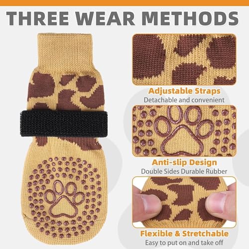 KOOLTAIL Non-Slip Dog Socks-Double Sides Grip for Hardwood Floor,3 Pairs Leopard Print Dog Boots,Traction Control Injury Prevent Licking Paw Protector Dog Shoes for Small Medium Large Old Senior Dogs