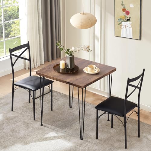 VECELO Kitchen Dining Room Table 2 Chairs for Small Space, Apartment,Metal Steel Frame, 3-Piece Set, Brown