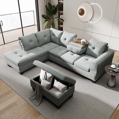 Lamerge Sectional Sofa Couch Set w/Ottoman &Chaise, Upholstered L Shape Modular Sofa Couch with 6 Seats, Living Room Furniture Sofa Sets, Button Tufted Comfy Sectional Couch for Living Room, Home