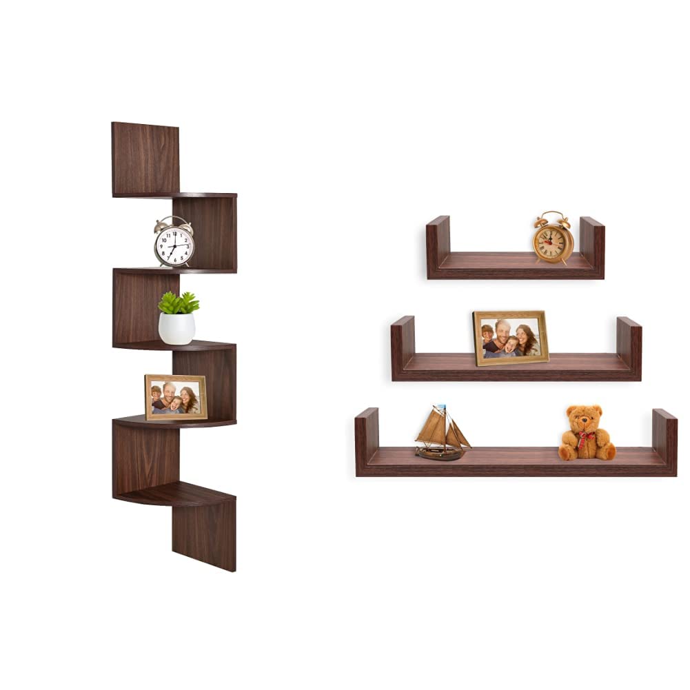 Corner Shelf, Greenco 5 Tier Shelves for Wall Storage, Easy-to-Assemble Floating Wall Mount Shelves for Offices, Bedrooms, Bathrooms, Kitchens, Living Rooms and Dorm Rooms, Espresso Finish