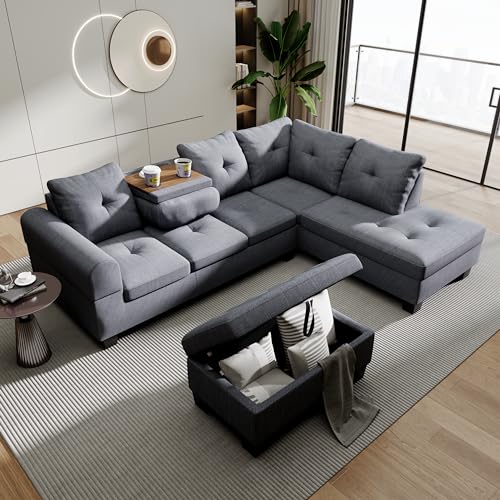 Lamerge Sectional Sofa Couch Set w/Ottoman &Chaise, Upholstered L Shape Modular Sofa Couch with 6 Seats, Living Room Furniture Sofa Sets, Button Tufted Comfy Sectional Couch for Living Room, Home