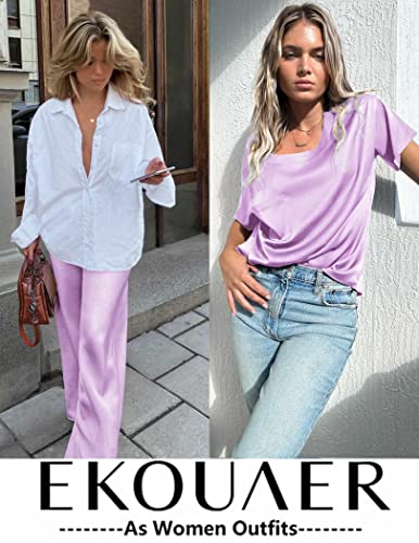 Ekouaer Womens Satin Silky Pajama Set Short Sleeve Shirt with Long Pajama Pant Set Soft PJ Loungewear