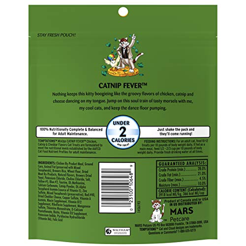 TEMPTATIONS MIXUPS Crunchy and Soft Cat Treats Catnip Fever Flavor, 16 oz. Tub