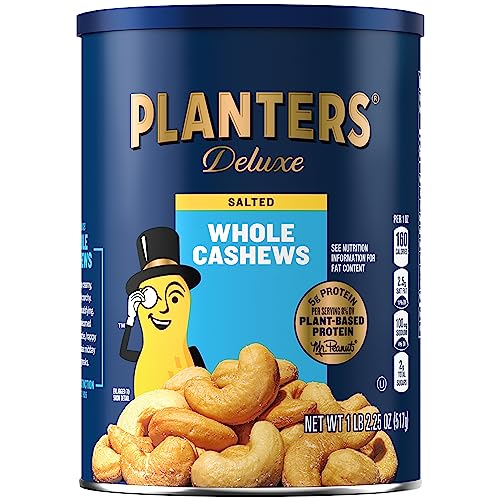 PLANTERS Deluxe Lightly Salted Whole Cashews, Party Snacks, Plant-Based Protein, Quick Snack for Adults, After School Snack, Roasted Cashew, Flavored with Sea Salt, Kosher, 1lb 2.25oz Canister