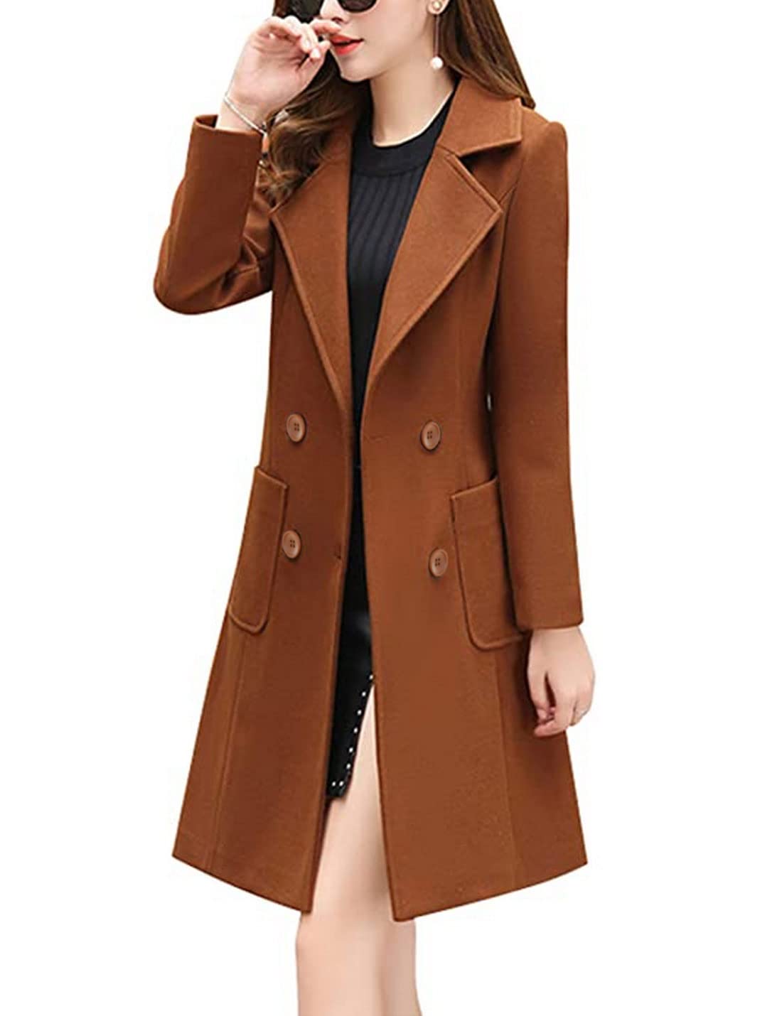 Bankeng Women Winter Wool Blend Camel Mid-Long Coat Notch Double-Breasted Lapel Jacket Outwear