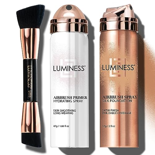 LUMINESS Airbrush Spray Silk Foundation Starter Kit - Medium Dark - Foundation, Primer & Dual-Sided Angled Buffing Brush - Medium, Buildable Coverage, Anti-Aging Formula Hydrates & Moisturizes