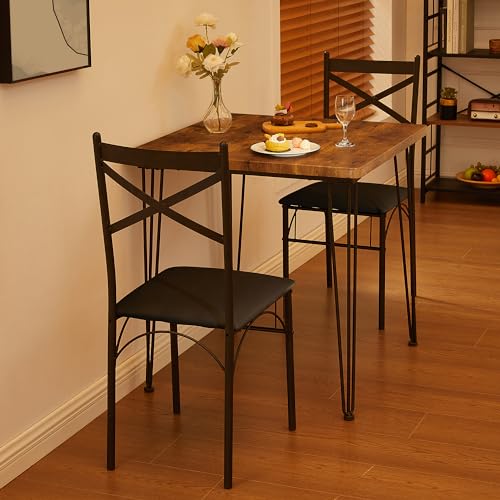 VECELO Kitchen Dining Room Table 2 Chairs for Small Space, Apartment,Metal Steel Frame, 3-Piece Set, Brown