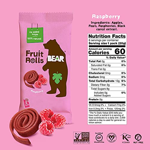 BEAR Real Fruit Snack Rolls - Gluten Free, Vegan, and Non-GMO - Strawberry – Healthy School And Lunch Snacks For Kids And Adults, 0.7 Ounce (Pack of 12)