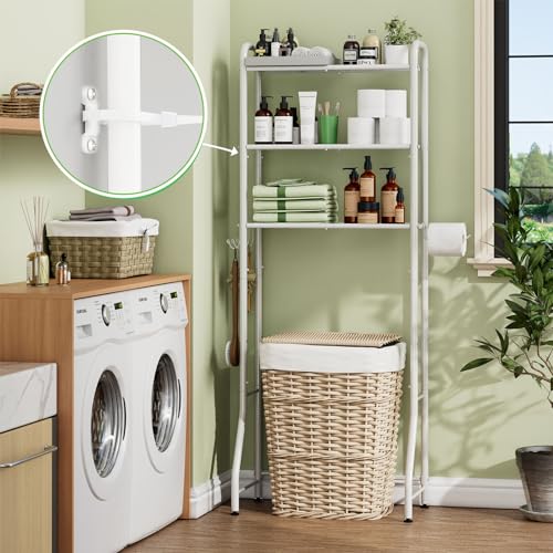 Over The Toilet Storage Rack, Metal 3 Tier Bathroom Organizer Shelf with Paper Holder and 3 Hooks, White