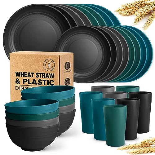 Teivio 32-Piece Kitchen Plastic Wheat Straw Dinnerware Set, Service for 8, Dinner Plates, Dessert Plate, Cereal Bowls, Cups, Unbreakable Colorful Plastic Outdoor Camping Dishes, Black