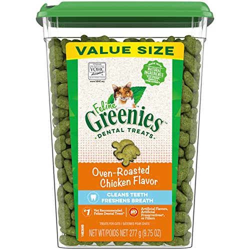 Greenies Feline Adult Natural Dental Cat Treats, Oven Roasted Chicken Flavor, 9.75 oz. Tub