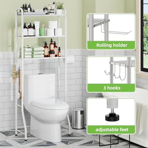 Over The Toilet Storage Rack, Metal 3 Tier Bathroom Organizer Shelf with Paper Holder and 3 Hooks, White