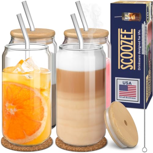 Glass Cups with Bamboo Lids and Straws (18oz, Set of 4) Iced Coffee Cup, Ice Tea Glasses | Coffee Bar Accessories, New Apartment Essentials, Housewarming Gift