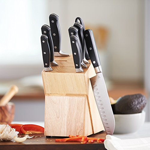 Amazon Basics 14-Piece Kitchen Knife Set with High-Carbon Stainless-Steel Blades and Pine Wood Block, Black