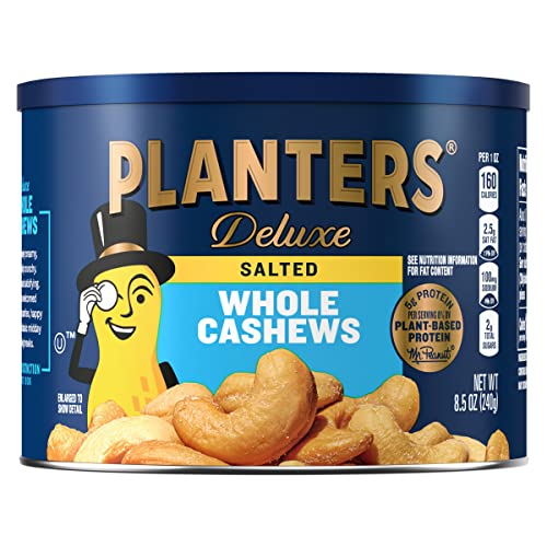 PLANTERS Deluxe Lightly Salted Whole Cashews, Party Snacks, Plant-Based Protein, Quick Snack for Adults, After School Snack, Roasted Cashew, Flavored with Sea Salt, Kosher, 1lb 2.25oz Canister