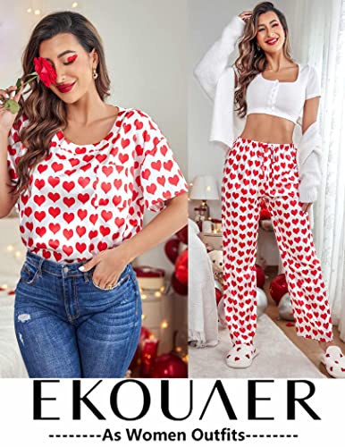 Ekouaer Womens Satin Silky Pajama Set Short Sleeve Shirt with Long Pajama Pant Set Soft PJ Loungewear