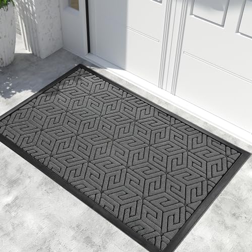 Yimobra Sturdy Front Entrance Door Mat, Heavy Duty Outdoor Indoor Doormat Entryway Floor Mat, Non Slip Rubber Backing, Easy Clean Shoe Scraper, Waterproof, Patio, Lawn, 17x29.5 Inch, Black