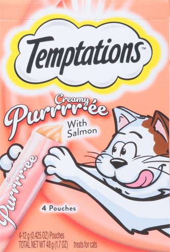 Temptations Creamy Puree with Chicken and Salmon Variety Pack of Lickable, Squeezable Cat Treats, 0.42 Oz Pouches, 16 Count