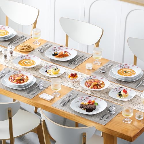 VEWEET, Series Annie, Porcelain Dinnerware Sets for 6, White Dish Set with Pink Floral, 30 PCS Dinner Sets Including Dinner Plates, Dessert Plates, Soup Plates Set, Cups & Saucers