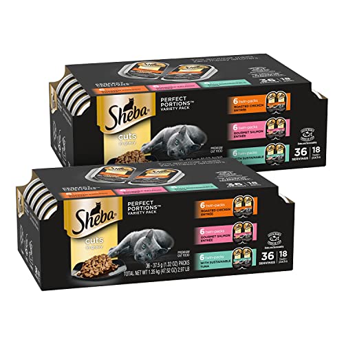 SHEBA Perfect Portions Cuts in Gravy Wet Cat Food Trays (24 Count, 48 Servings), Roasted Chicken, Gourmet Salmon and Tender Turkey Entrée Variety Pack, Easy Peel Twin-Pack Trays