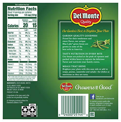 Del Monte Cut Blue Lake Green Beans With No Added Salt 14.5 Oz,(Pack of 4)