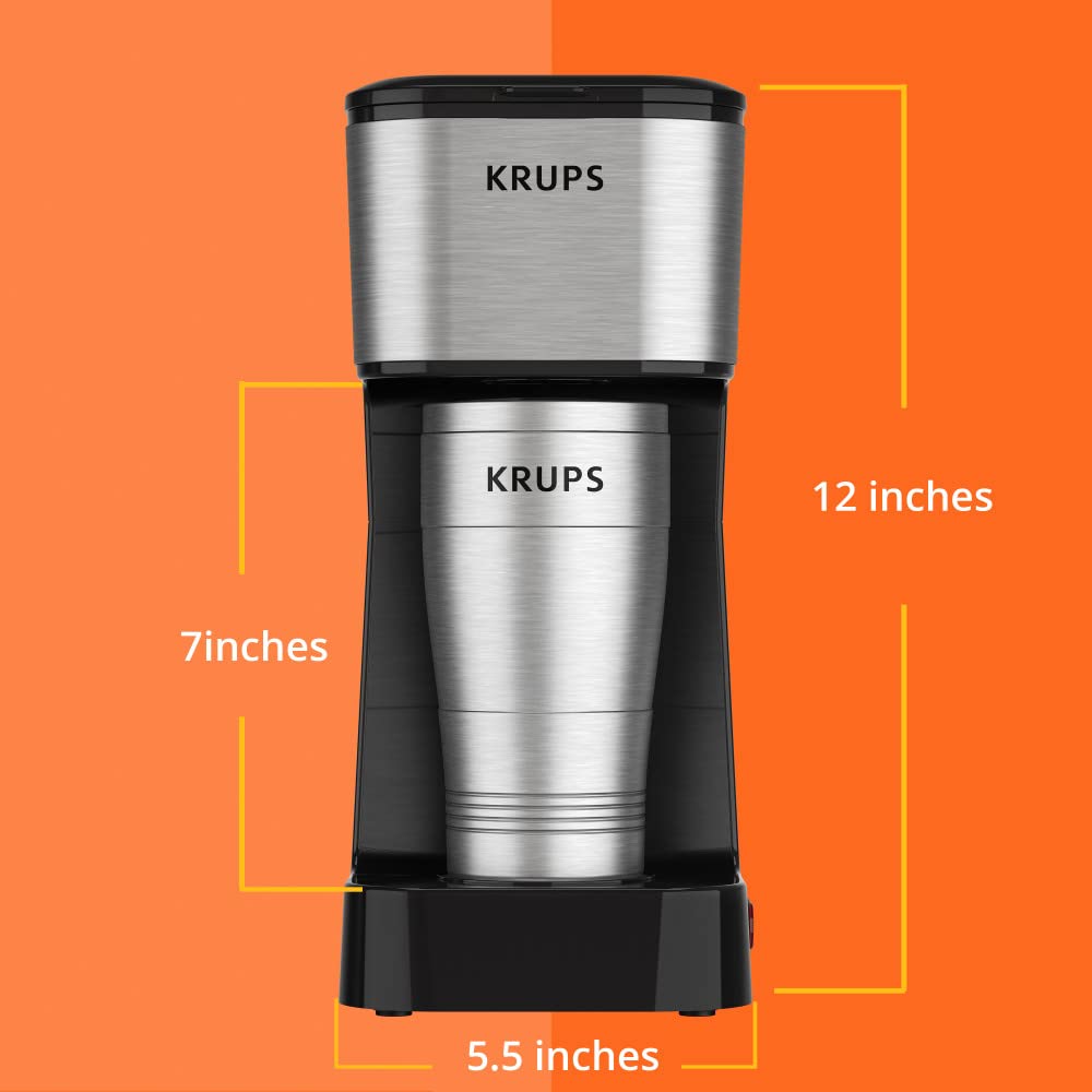 Krups, Coffee Maker, Simply Brew Stainless Steel 5 Cup, Keep Warm Function, Reusable Coffee Filter, Ultra Compact 650 Watts, Drip Free, Cold Brew, Dishwasher Safe Pot, Silver and Black