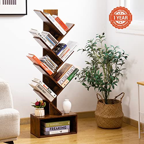 Yoobure Tree Bookshelf - 6 Shelf Retro Floor Standing Bookcase, Tall Wood Book Storage Rack for CDs/Movies/Books, Utility Book Organizer Shelves for Bedroom, Living Room, Home Office, Dark Grey