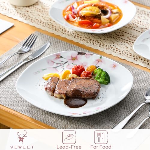 VEWEET, Series Annie, Porcelain Dinnerware Sets for 6, White Dish Set with Pink Floral, 30 PCS Dinner Sets Including Dinner Plates, Dessert Plates, Soup Plates Set, Cups & Saucers