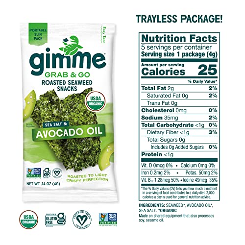 gimMe Grab & Go - Sea Salt & Avocado Oil - 5 Count - Organic Roasted Seaweed Sheets - Keto Vegan Gluten Free - Great Source of Iodine & Omega 3’s - Healthy On-The-Go Snack for Kids Adults