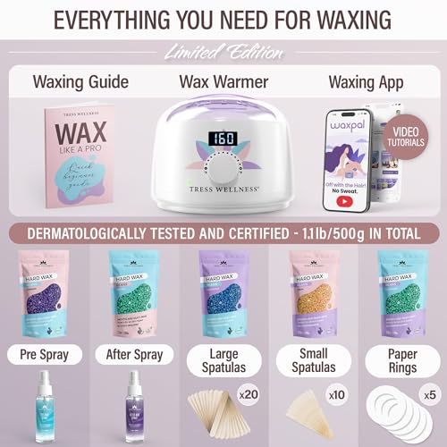 Tress Wellness Waxing Kit for Brazilian Wax - Easy to Use - For Sensitive Skin - Digital Display, Black Purple Flower