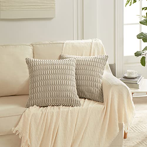 Fancy Homi 4 Packs Neutral Decorative Throw Pillow Covers 18x18 Inch for Living Room Couch Bed Sofa, Rustic Farmhouse Boho Home Decor, Soft Plush Striped Corduroy Square Cushion Case 45x45 cm