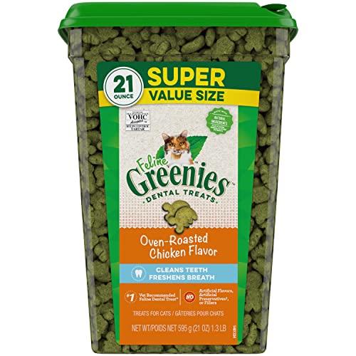 Greenies Feline Adult Natural Dental Cat Treats, Oven Roasted Chicken Flavor, 9.75 oz. Tub