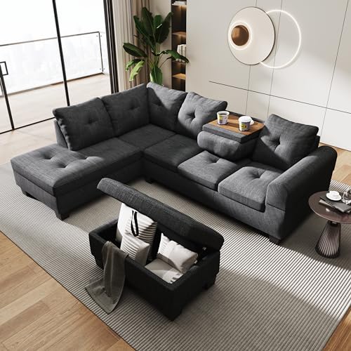 Lamerge Sectional Sofa Couch Set w/Ottoman &Chaise, Upholstered L Shape Modular Sofa Couch with 6 Seats, Living Room Furniture Sofa Sets, Button Tufted Comfy Sectional Couch for Living Room, Home