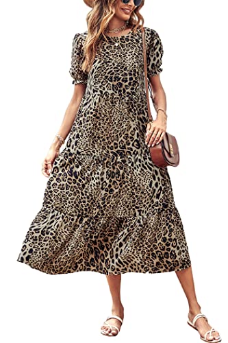 Pretty Garden Womens Summer Casual Boho Dress Floral Print Ruffle Puff Sleeve High Waist Midi