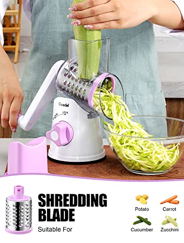 Geedel Rotary Cheese Grater, Kitchen Mandoline Vegetable Slicer with 3 Interchangeable Blades, Easy to Clean Grater for Fruit, Vegetables, Nuts