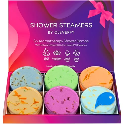 Cleverfy Shower Steamers Aromatherapy - Variety Pack of 6 Shower Bombs with Essential Oils. Personal Care and Relaxation Birthday Gifts for Women and Men. Purple Set