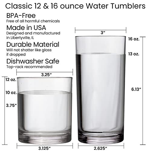 US Acrylic Classic Clear Plastic Reusable Drinking Glasses (Set of 8) 12oz Rocks & 16oz Water Cups | BPA-Free Tumblers, Made in USA | Top-Rack Dishwasher Safe