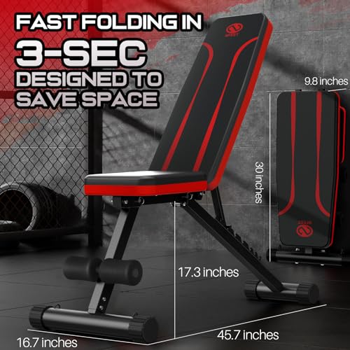 NFEET Adjustable Weight Bench for Full Body Workout, Foldable Workout Bench for Home Gym, Multi-Purpose Weight Bench with 3-Sec Folding& Fast Adjustment for Bench Press Sit up Incline Flat Decline