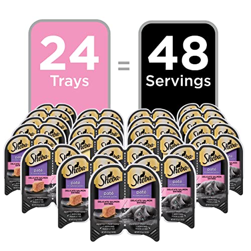 SHEBA Perfect Portions Cuts in Gravy Wet Cat Food Trays (24 Count, 48 Servings), Roasted Chicken, Gourmet Salmon and Tender Turkey Entrée Variety Pack, Easy Peel Twin-Pack Trays