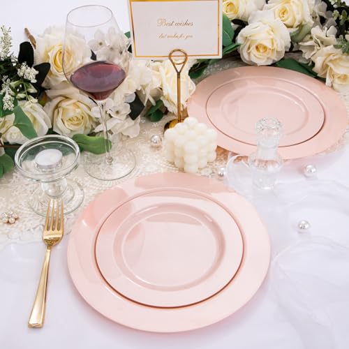 FLOWERCAT 60PCS Pink Plastic Plates - Heavy Duty Pink Plates Disposable for Party/Mother's Day/Wedding - Include 30PCS 10.25inch Pink Dinner Plates and 30PCS 7.5inch Pink Dessert/Salad Plates