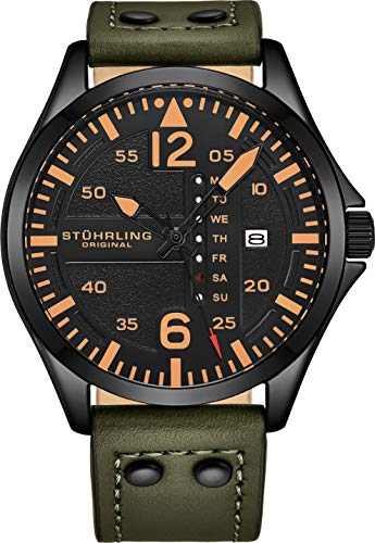 Stuhrling Original Mens Leather Watch -Aviation Watch, Quick-Set Day-Date Leather Band with Steel Rivets,