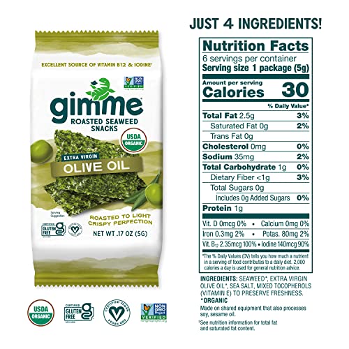 gimMe - Sea Salt Organic Roasted Seaweed Sheets Keto, Vegan, Gluten Free Great Source of Iodine & Omega 3’s Healthy On-The-Go Snack for Kids Adults 6 Count( Pack 1)