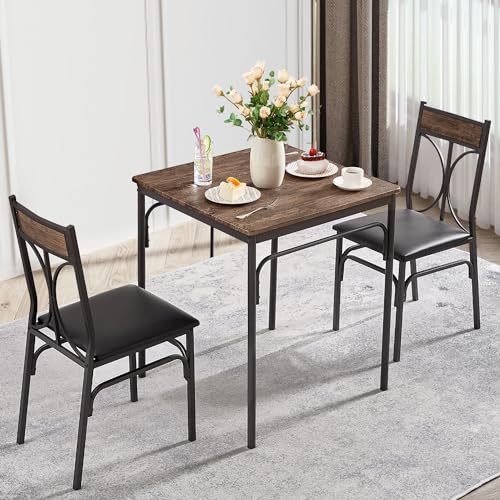 VECELO Kitchen Dining Room Table 2 Chairs for Small Space, Apartment,Metal Steel Frame, 3-Piece Set, Brown