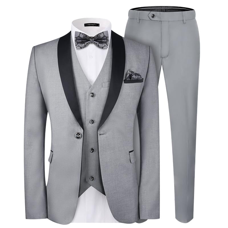 MAGE MALE Men's Slim Fit 3 Piece Suit One Button Solid Shawl Lapel Blazer Jacket Vest Pants Set with Tie Pocket Square