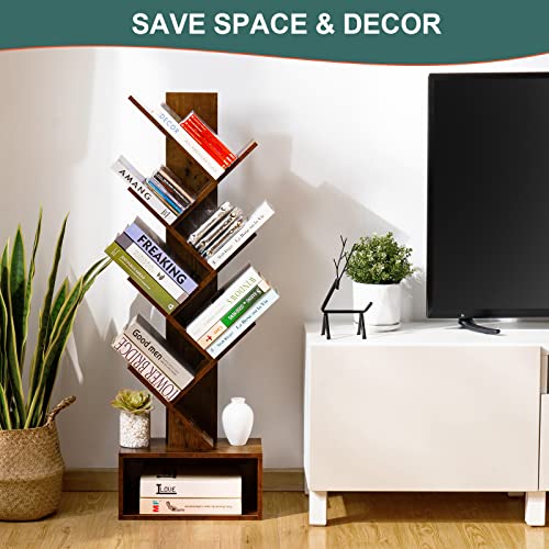 Yoobure Tree Bookshelf - 6 Shelf Retro Floor Standing Bookcase, Tall Wood Book Storage Rack for CDs/Movies/Books, Utility Book Organizer Shelves for Bedroom, Living Room, Home Office, Dark Grey